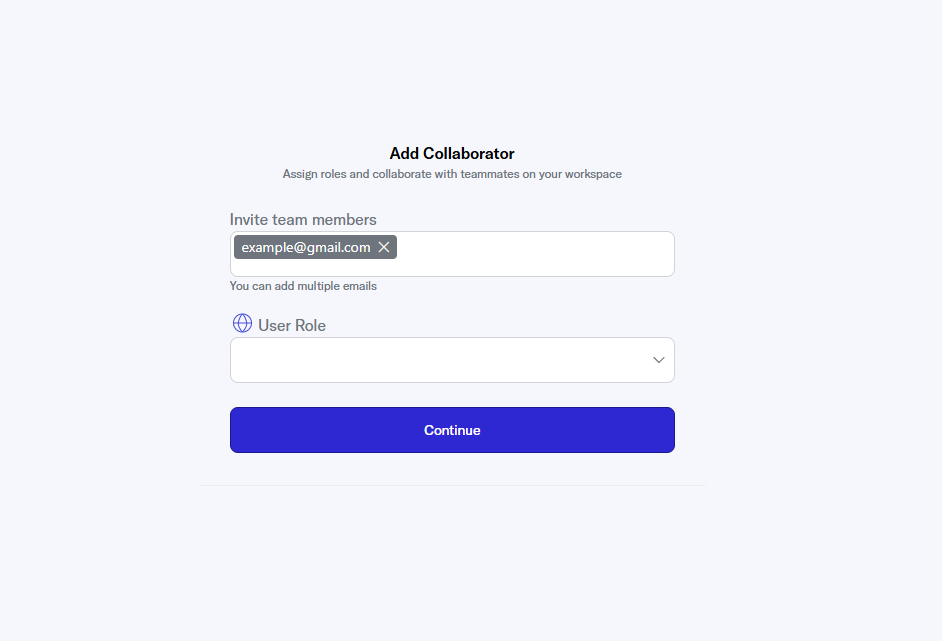 Add collaborator dialog with email field and role dropdown