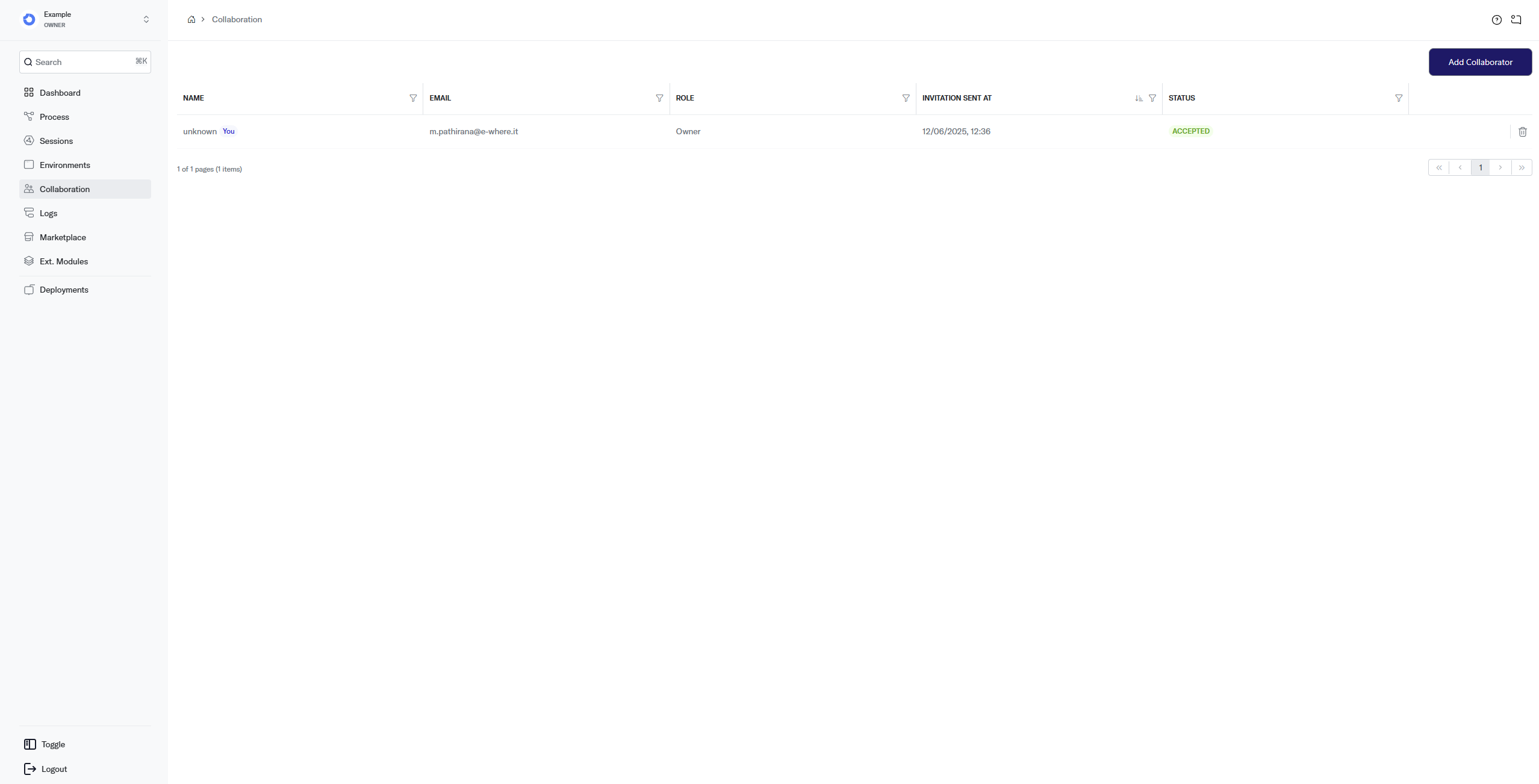 Collaboration page showing the list of collaborators and their roles