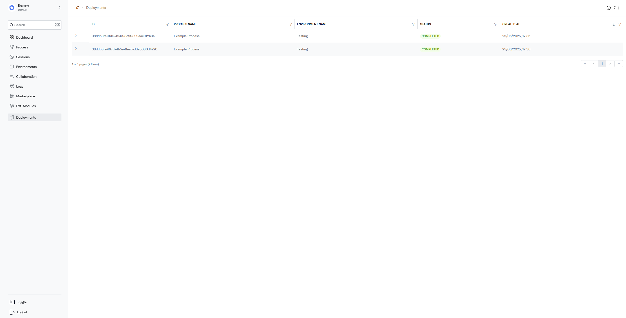 Deployments page showing deployment status, environment, and timestamps