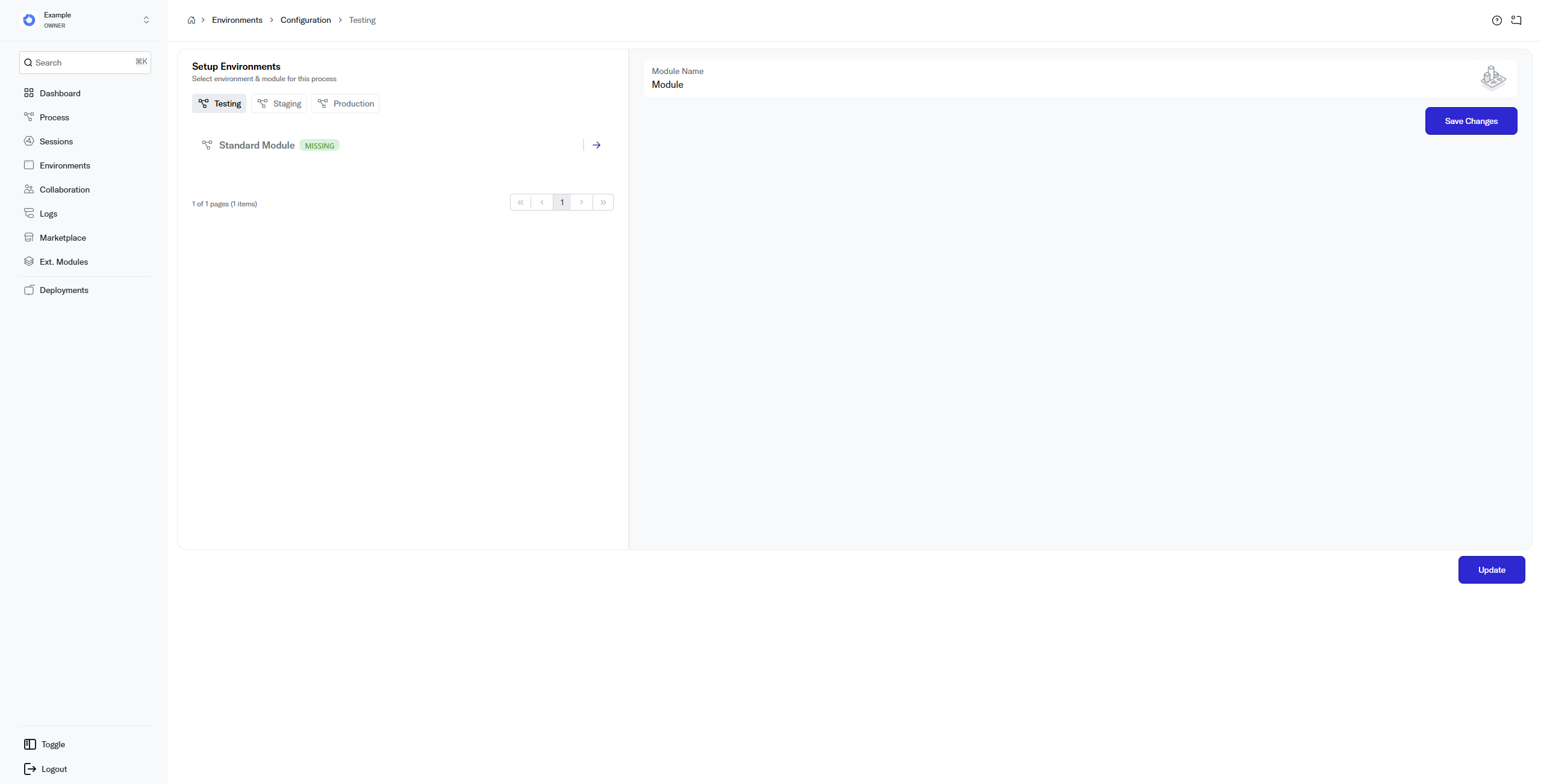 Environment details page showing Module configuration tabs