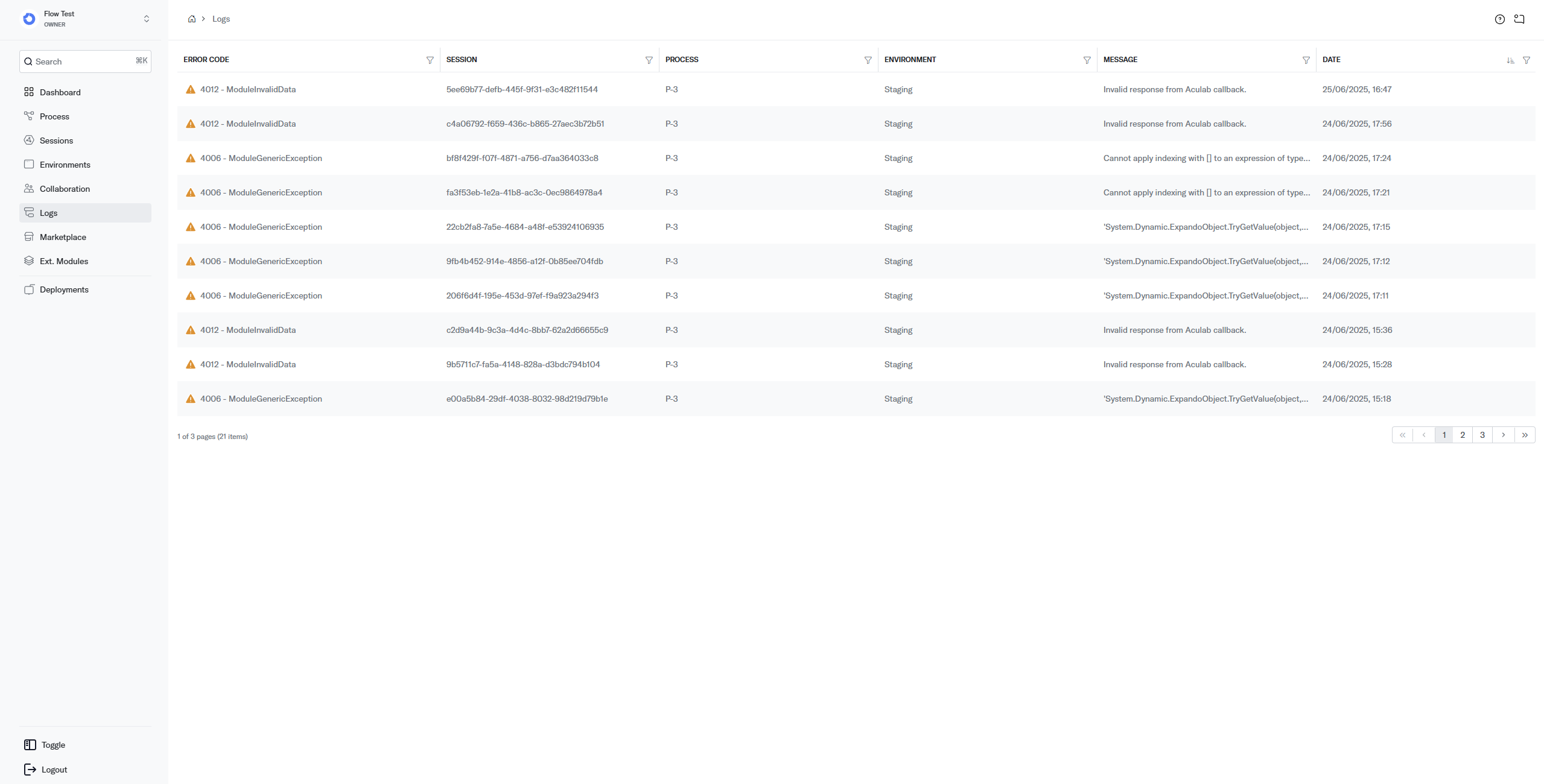 Logs page showing a table of recent errors with codes, sessions, and messages