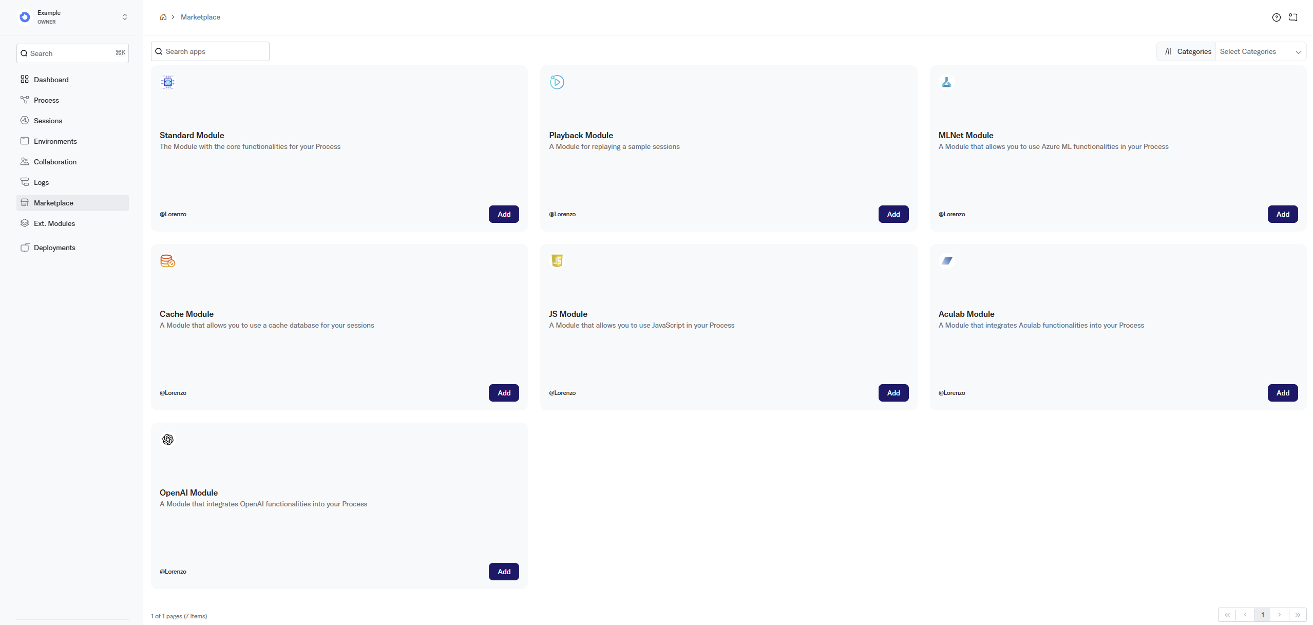 Marketplace page showing available Modules