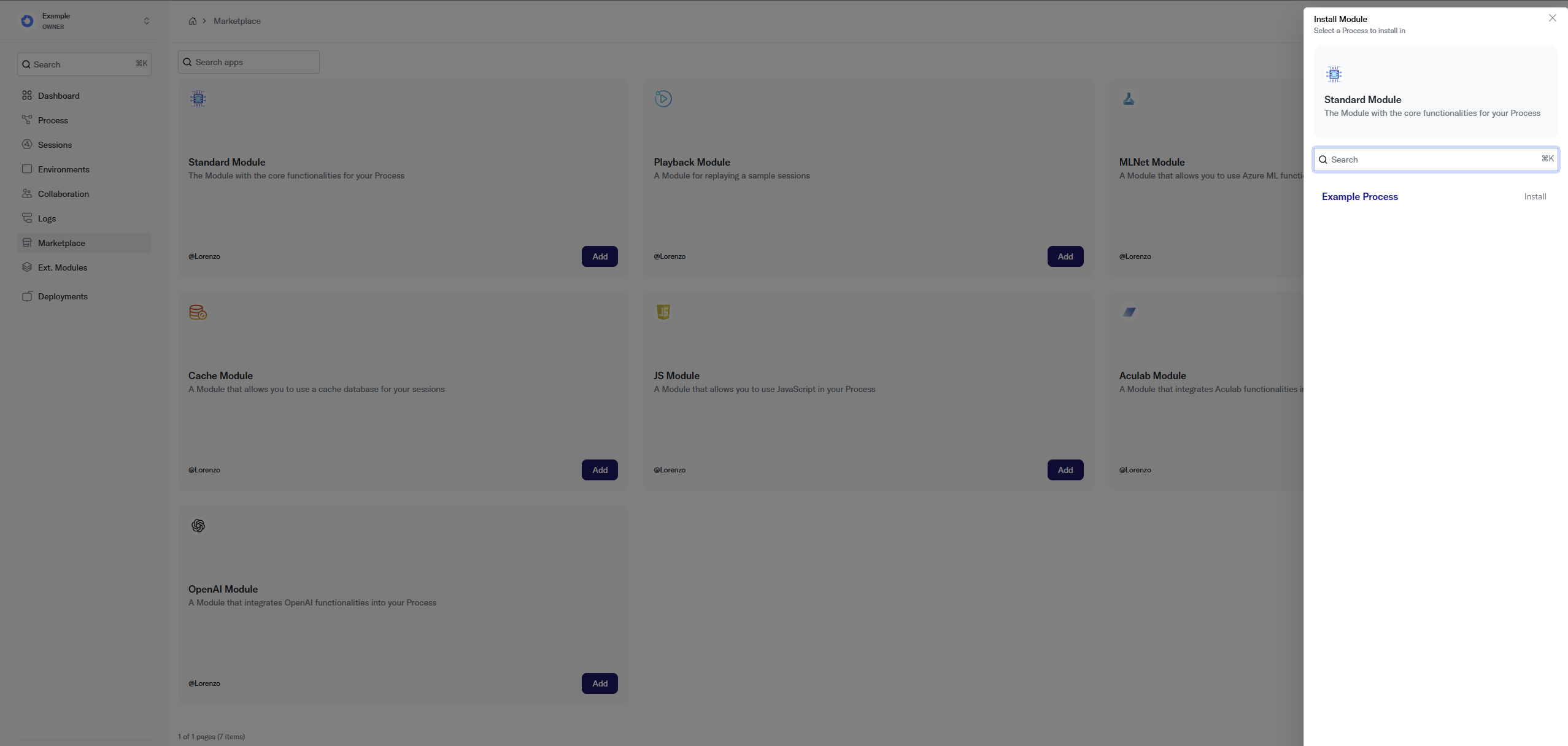 Module install dialog listing available Processes