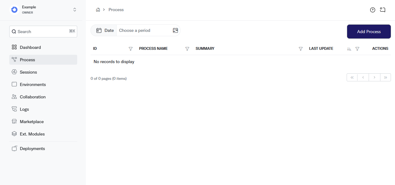 Process page showing the Add Process button
