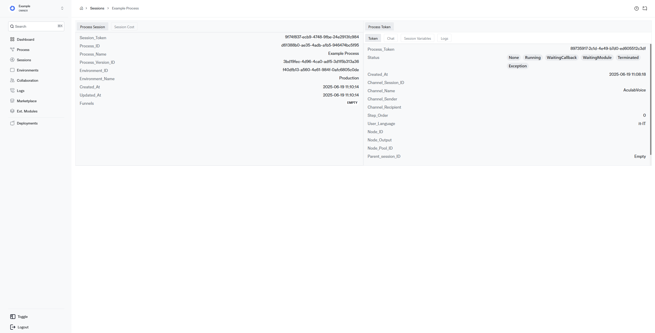 Session details page showing execution info, token state, and chat transcript