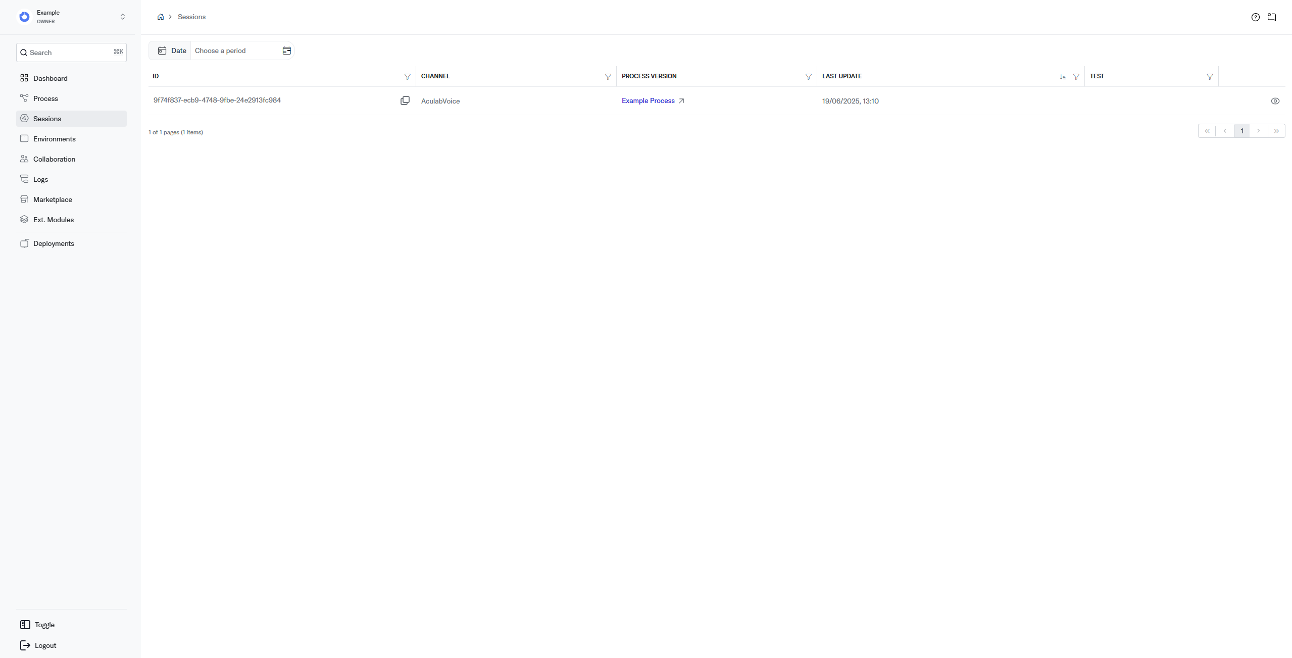 Sessions list page showing all Sessions in the Workspace