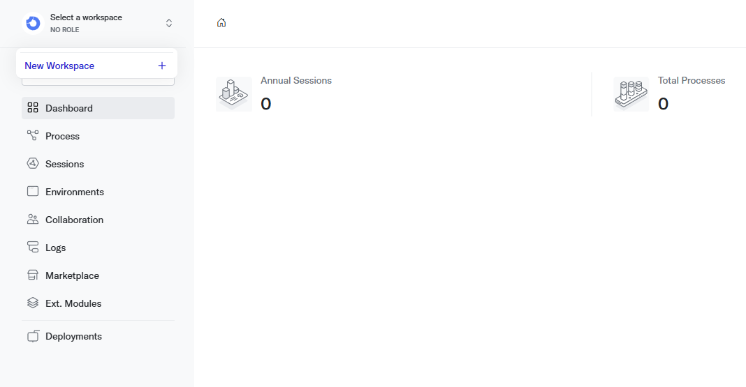 Workspace creation dropdown showing the select-a-workspace button